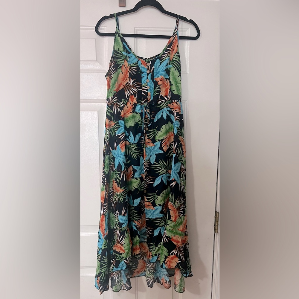 Black tropical print dress with adjustable spaghetti straps and tie waist - MED